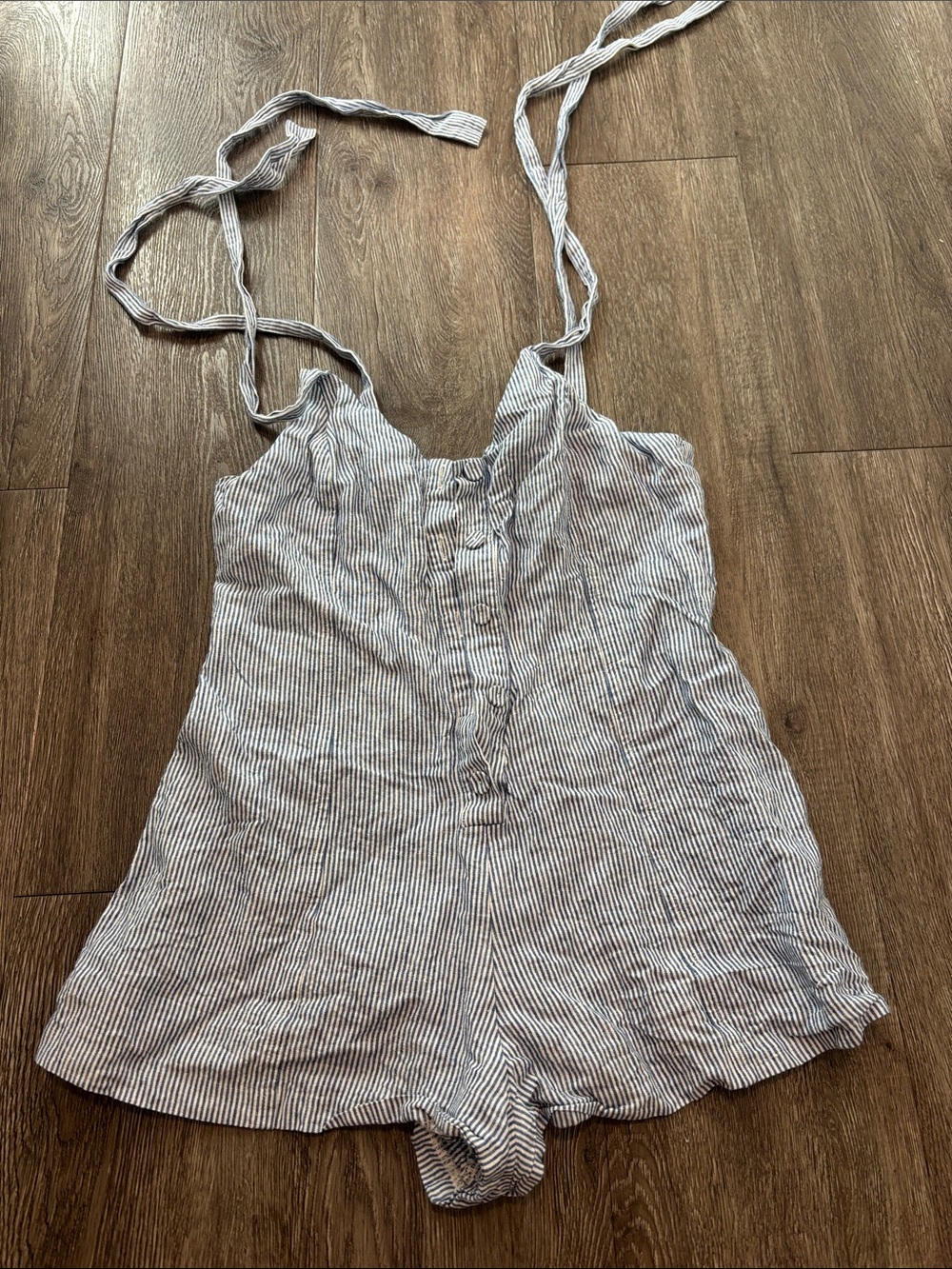 Striped Blue-White Tie-Strap Romper - Women Tops